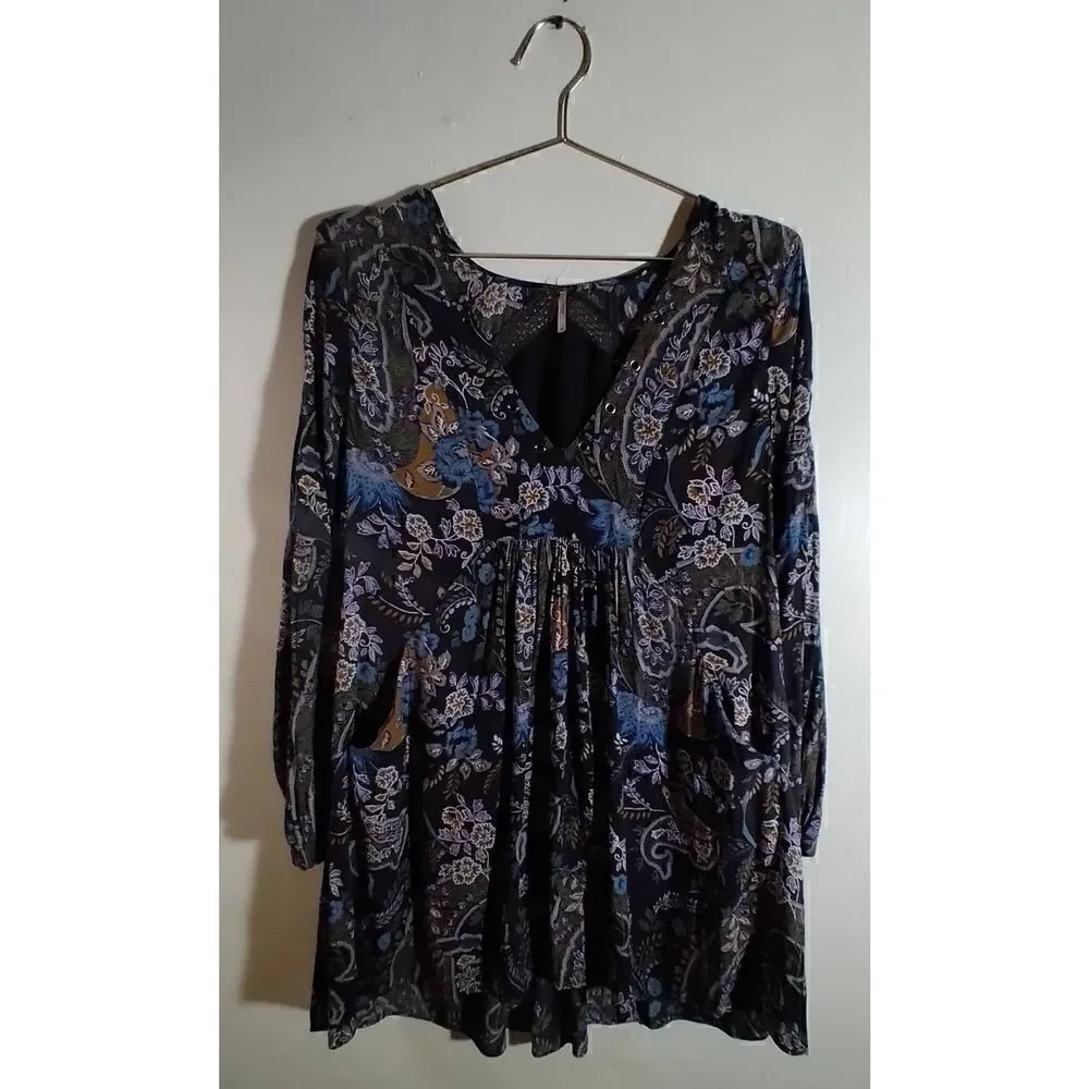 Free People Flowy XS Mini Dress Deep V Neck Tunic Paisley Print Grey Blue